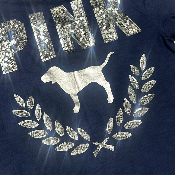 Victoria’s Secret PINK Long Sleeve Sequin Glitter Campus Tee Size Medium - Picture 2 of 5